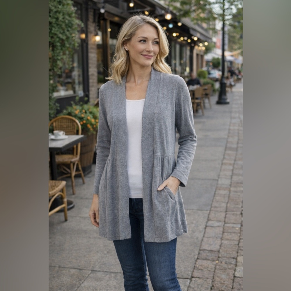 Garnet Hill Gray Cashmere Blend Open Front Tunic Cardigan Size Small